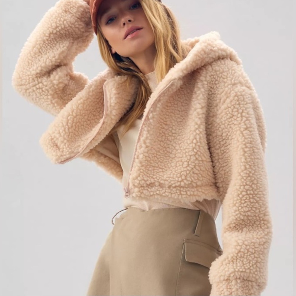 Daily Practice Anthropologie Faux Shearling Crop Zip-Up Jacket Cream Beige Small